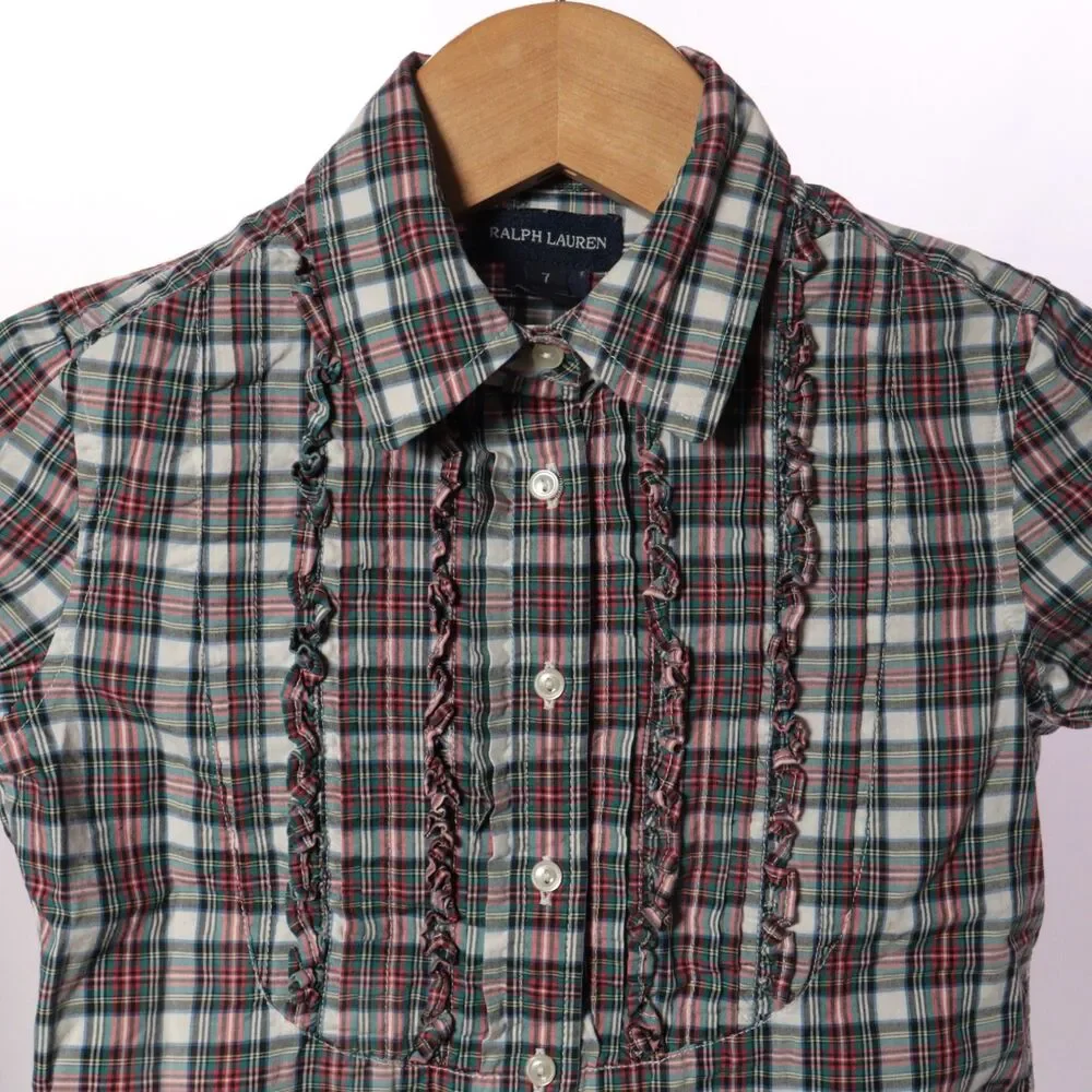 Ralph Lauren Girls‎ 7 Shirt Ruffled Placket Plaid Long Sleeve Cowgirl Western